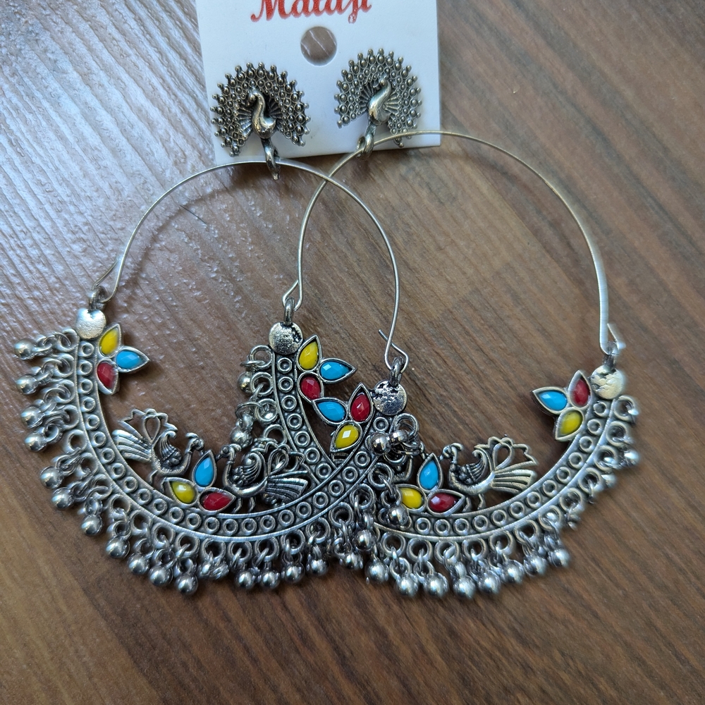 New Antique Peacock Silver Toned Earrings